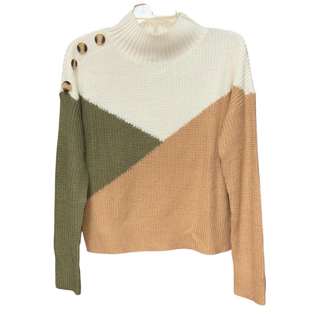 FCT With Love Colorblock Mock Neck Button‎ Shoulder Sweater L Casual Chic Preppy